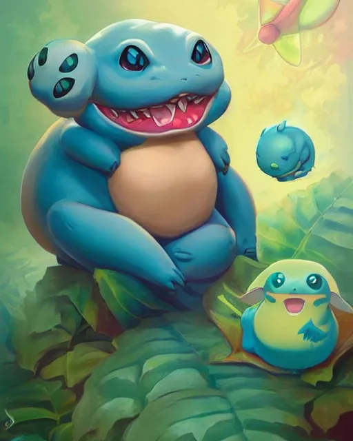 Image similar to Tom Bagshaw, Pokemon Bulbasaur portrait Pixar style by Tristan Eaton Artgerm