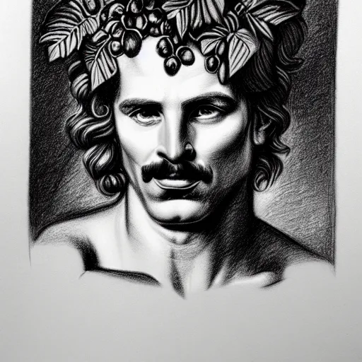 Prompt: portrait of god dionysus with leaves and grape in his hair, tom finland, pencil