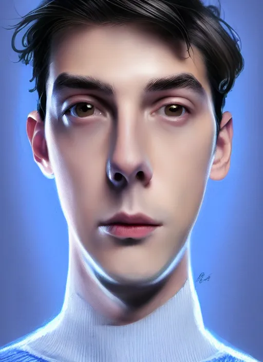 Image similar to portrait of teenage jughead jones wearing a light grey crown, crown, blue turtleneck, closed eyes, photorealistic, black hair, glowing lighting, intricate, elegant, glowing lights, highly detailed, digital painting, artstation, concept art, smooth, sharp focus, illustration, art by wlop, mars ravelo and greg rutkowski