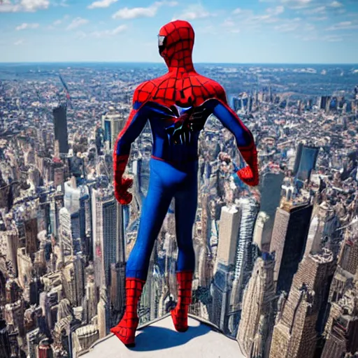 Prompt: marvel spider - man from back standing on top of the empire state building