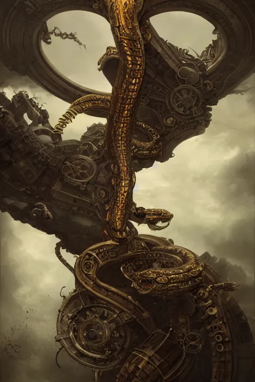 Prompt: Abstract tech action scene of a flying steampunk snake, ruins, horror, volumetric clouds, focus, detailed, realistic eyes looking at camera, symmetric body features proportions, intricate details, award winning, unreal render, by Tom Bagshaw