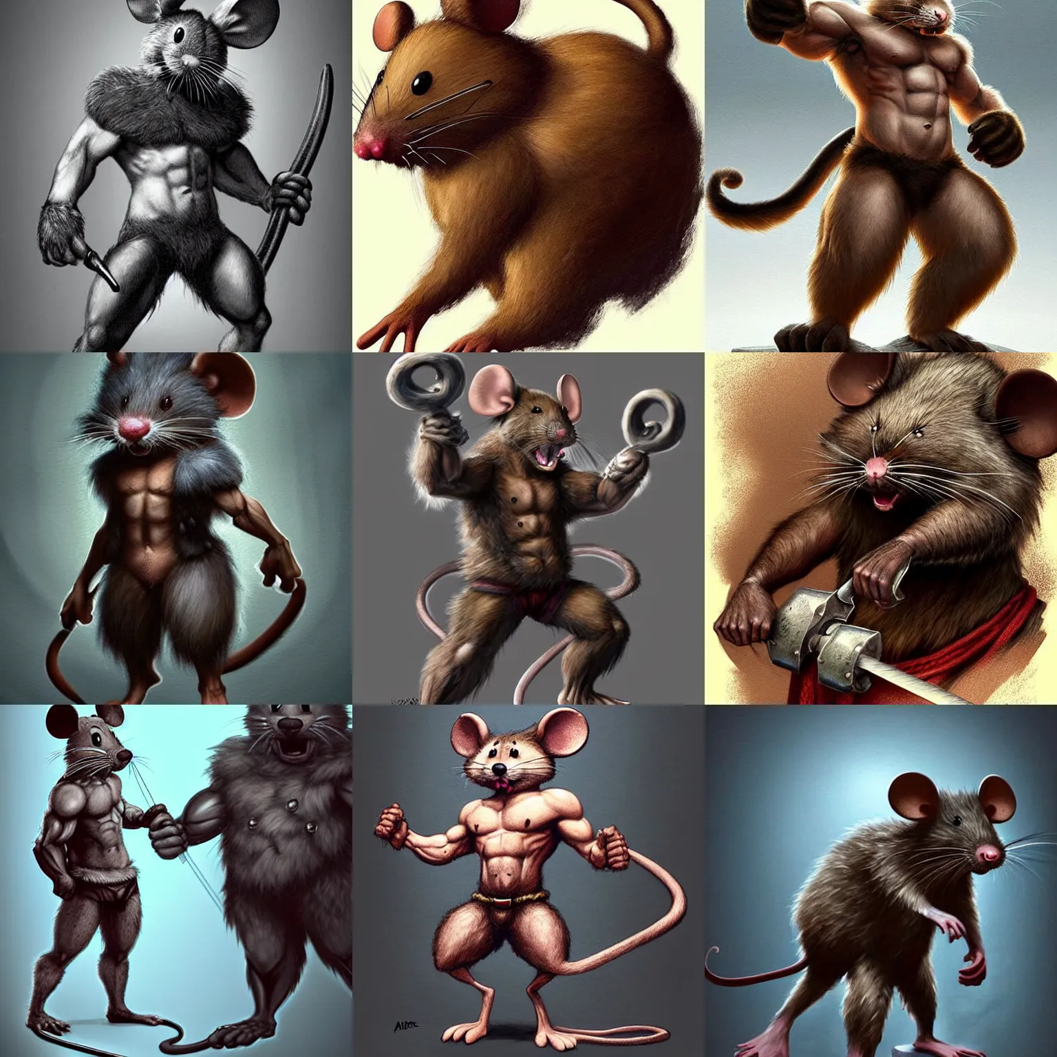 Prompt: muscular furry mouse !!!asthetic!!! medium shot, anthropomorphic rugged mouse!!! with furry!! barbarian muscular upper body, 👅 👅 , D&D, fantasy, intricate, elegant, highly detailed, digital painting, artstation, concept art, smooth, sharp focus, illustration, art by artgerm and greg rutkowski and alphonse mucha