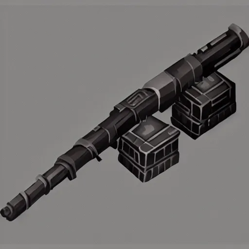 Image similar to isometric heavy dieselpunk grenade launcher | | dark matte background, stylized weapon icons, digital painting, by greg rutkowsky, trending on artstation