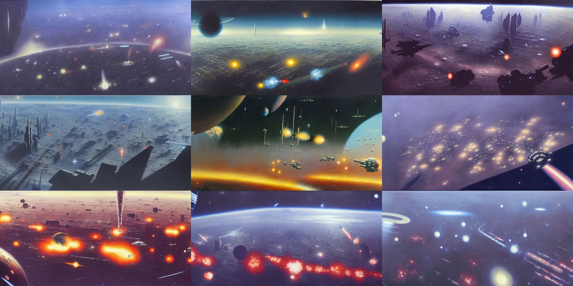 Image similar to a painting of low earth orbit space city under war by john harris. sharp edges. 8 k. ultra clear detailed