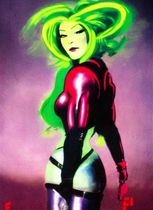 Image similar to female evil android, neon hair, glowing skin, strong line, saturated color, beautiful! coherent! by frank frazetta, high contrast, minimalism