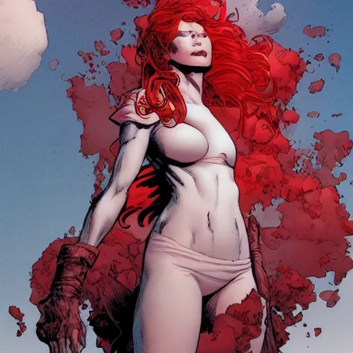 Image similar to a beautiful comic book illustration of a red-headed woman with white shirt by Jerome Opeña, featured on artstation