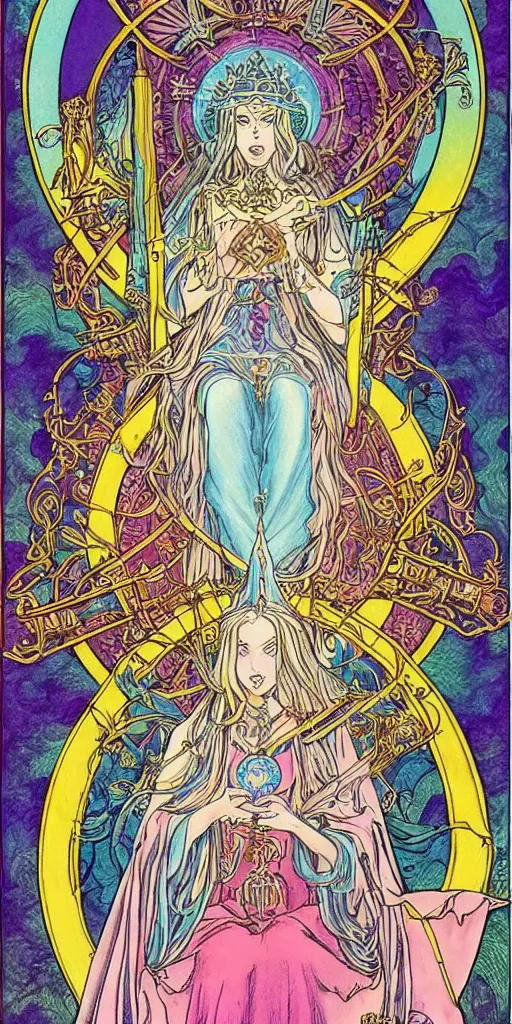 Image similar to a mystical woman priestess sitting on a throne, the divine feminine, drawn by studio UFOTABLE, psychedelic, fine line work, pastel colors, Tarot cards. The empress tarot card