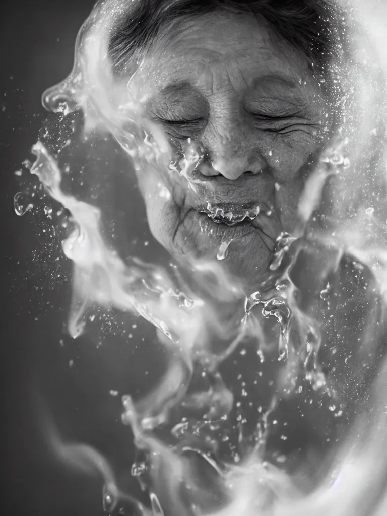 Prompt: Analog photographic portrait with 50 mm lens and f/12.0 of a 90 years old woman with her eyes closed and spurting from her mouth a white viscous fluid floating in the air. With a slight variation of light in the liquid and gesture.