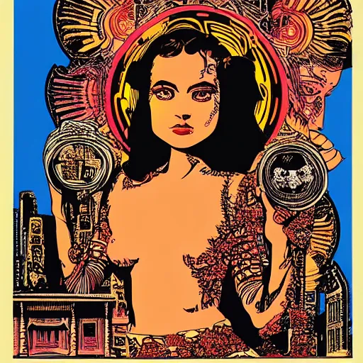 Prompt: psychedelic portrait of woman holding mirror in front of ancient city, faile style, shep fairey, obey giant