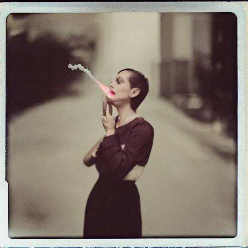 Image similar to a beautiful instant photograph of a short hair woman smoking in the street, leaning on the wall, polaroid, technicolor, light leak, raw,