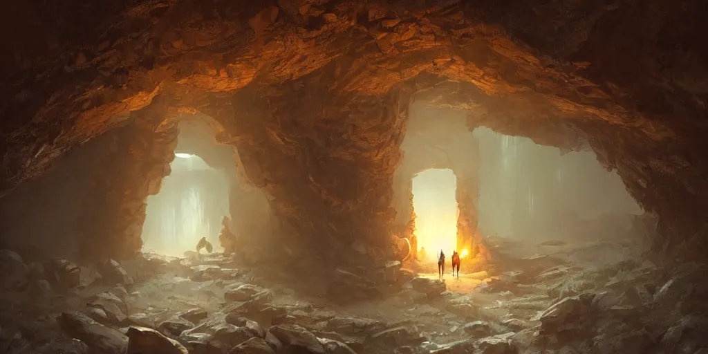 Image similar to a stone portal glowing from within, in a cave, foggy, surrounded by rocks, art by greg rutkowski