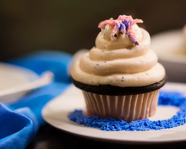 Image similar to dslr food photograph of a cupcake with blue frosting and a shrimp on top, close up, 5 0 mm f 1. 4