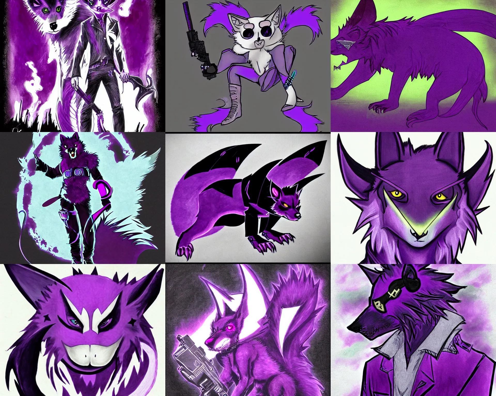 Image similar to a purple wolfbat fursona with an eyepatch and a rainbow tail, drawn in a noir style, reminescent of max payne and ghost in the shell, style of purple rain album cover ( by prince ), dark colors