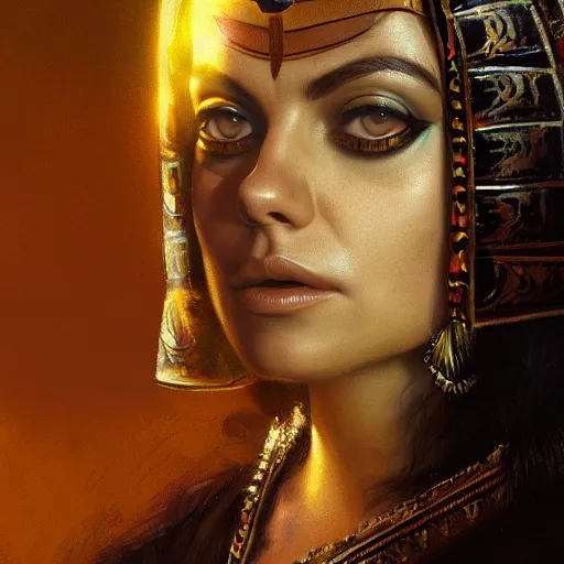 Image similar to closeup portrait of mila kunis as cleopatra, palace background, dramatic light, gorgeous view, depth, high detail, digital art, painted by seb mckinnon and greg rutkowski, trending on artstation