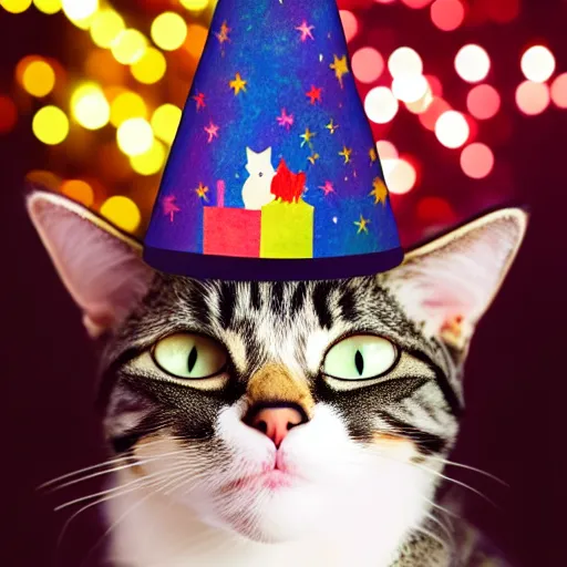 Image similar to a photo of a Cat wearing a birthday hat, studio portrait, fireworks in background