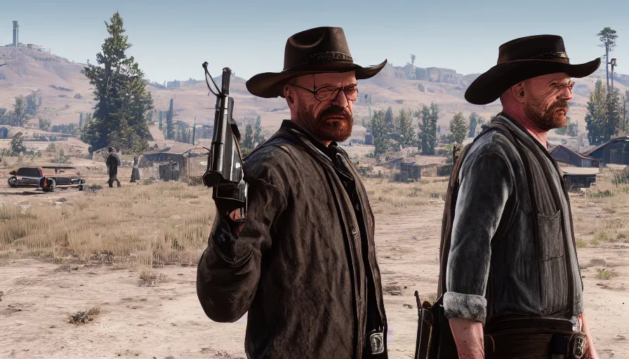 Prompt: Walter White and Jesse Pinkman in Red Dead Redemption 2, hyperdetailed, artstation, cgsociety, 8k