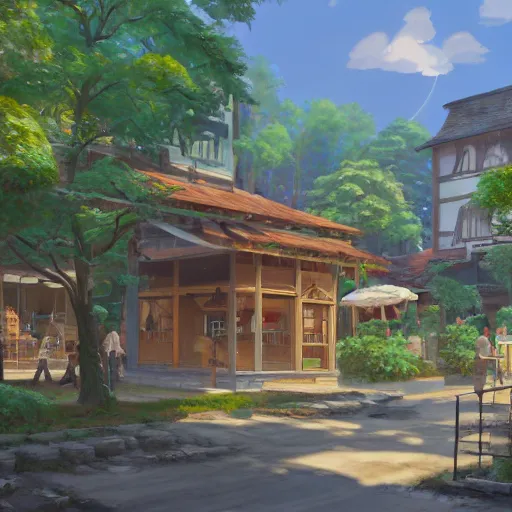 Image similar to concept art painting of a historic bakery with european and japanese architecture, in a woodland village surrounded by trees and mountains, realistic, detailed, cel shaded, in the style of makoto shinkai and greg rutkowski and james gurney