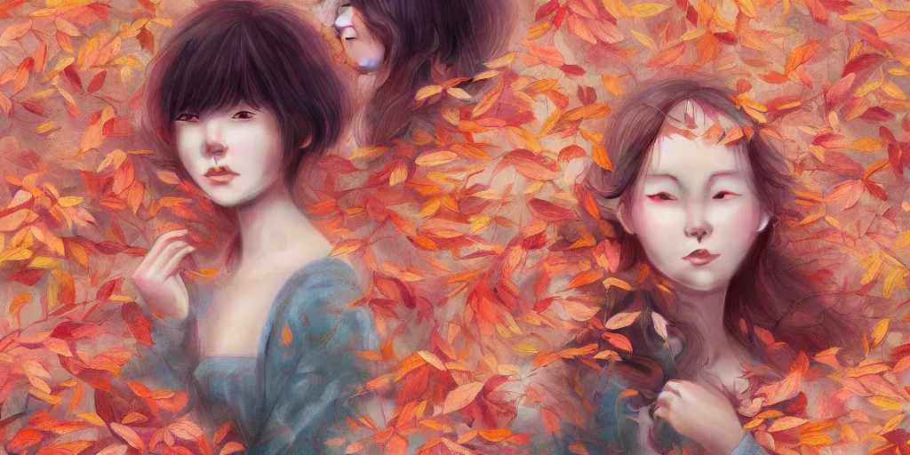 Image similar to breathtaking detailed concept art painting pattern blend of autumn leaves and girls, by hsiao - ron cheng, bizarre compositions, exquisite detail, pastel colors, 8 k