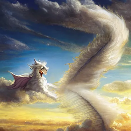 Prompt: white Luck dragon sitting on the cumulous and cirrostratus clouds, playing a large harp, never ending story, hyper realistic fur, illustration, concept art, artstation, yellow lighting from right, sunset, reflections, heartwarming, peaceful, 4k, art of ILM, style of trending artstation, by Eugène Delacroix, John Constable, J M W Turner, Romanticism