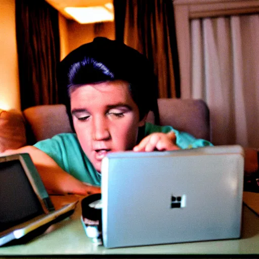 Prompt: Elvis Presley playing minecraft on his laptop, 30mm lens,