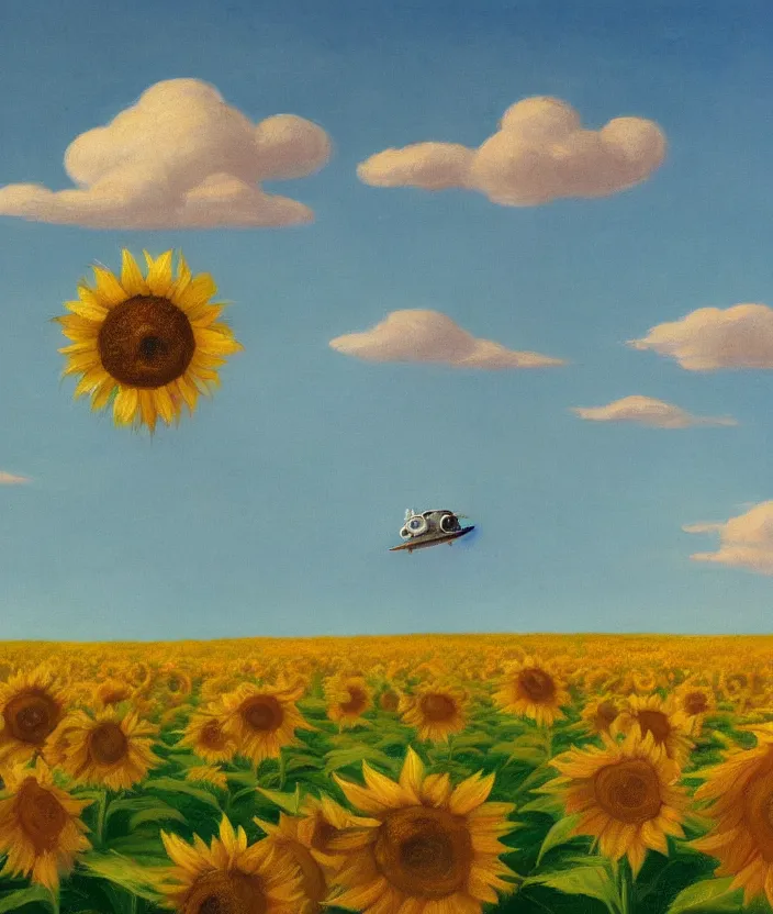 Prompt: a highly detailed painting of a sunflower field and an ufo abducting a cow, very fine brush strokes, baby blue sky with aesthetic clouds, in the style of edward hopper, 4 k,