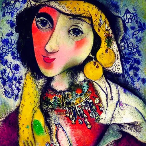 Prompt: portrait of a gipsy women, elegant, highly detailed, digital photography, by chagall,