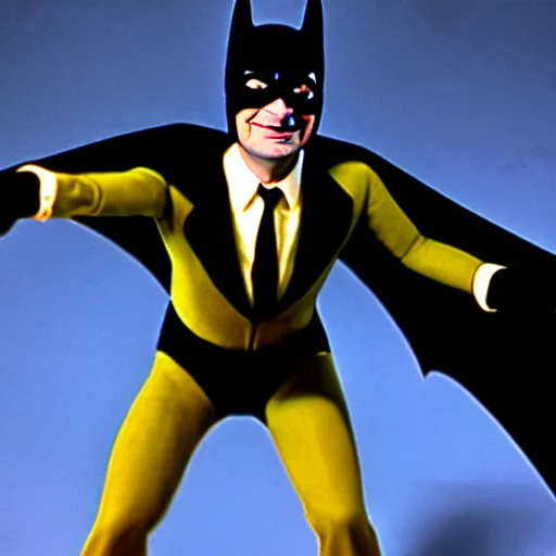 Image similar to mr. bean as batman 1 9 6 6. movie still. cinematic lighting.