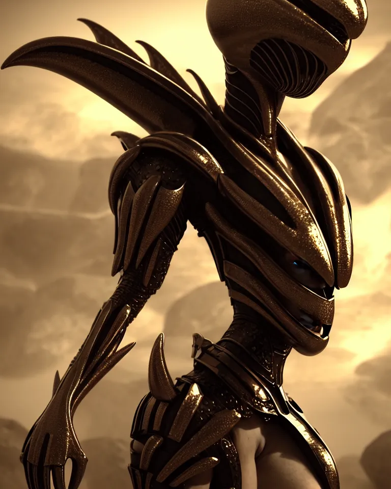 Image similar to epic portrait of alien queen in ring armour by cleavanger and elvgren epic octane vfx maya render