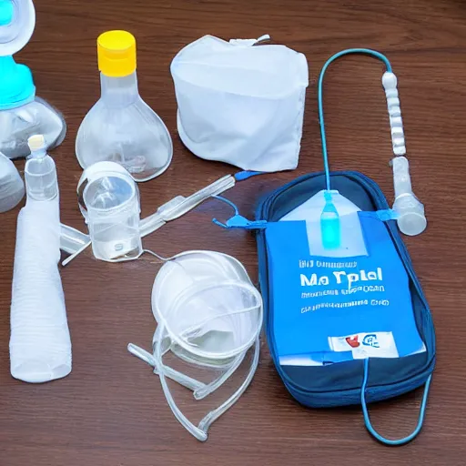 Image similar to musical instrument made out of clear tubing, syringes, urine collection bag, iv pole, fluid bag, nebulizer equipment