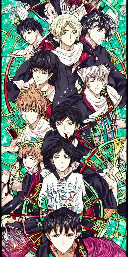 Prompt: Wheel of Fortune tarot card anime style drawn by Koyoharu Gotouge