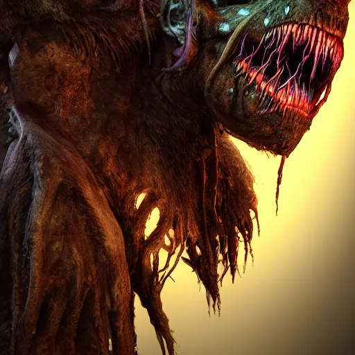 Prompt: Photorealistic Wendigo Beast of the eerie forest. Hyperdetailed photorealism, 108 megapixels, amazing depth, glowing rich colors, powerful imagery, psychedelic Overtones, 3D finalrender, 3d shading, cinematic lighting, artstation concept art