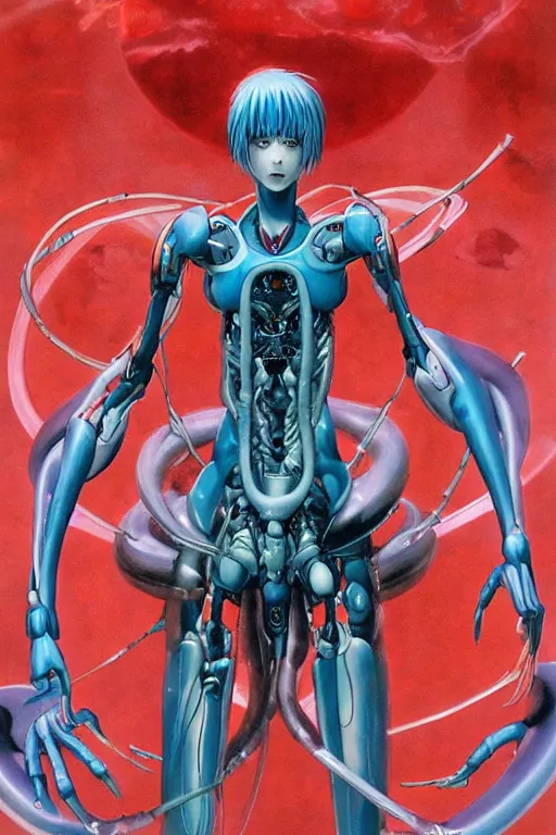 Prompt: Female Anime Character rei ayanami cyborg in the center giygas epcotinside a space station eye of providence Beksinski Finnian vivid HR Giger to eye hellscape mind character Environmental