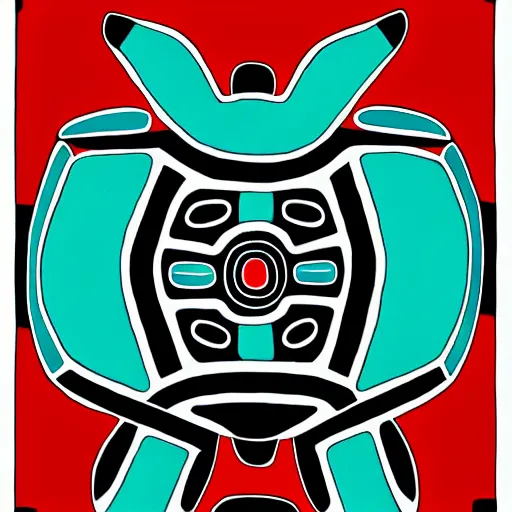 Prompt: turtle. pacific northwest coast, haida gwaii, formline, native art, tribal art, haida, clean, black, white, red, teal