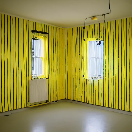 Image similar to empty yellow rooms with yellow fluorescent lights, monotonous wallpaper