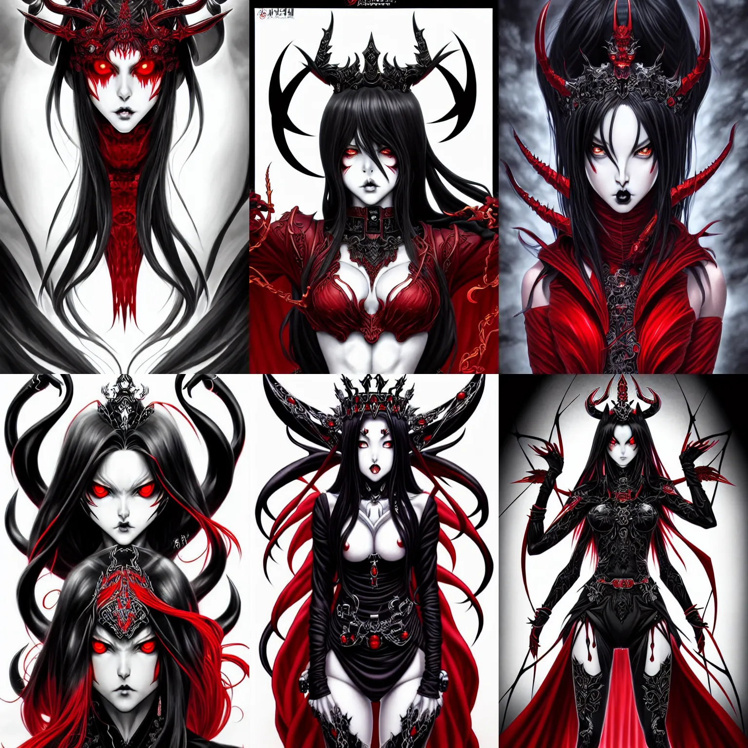 Image similar to single beautiful demon queen woman only, manga style only, black white and red colors only, symmetrical face, symmetrical full body, demonic, dramatic, powerful, super detailed and intricate, hyper realistic, 4 k render, by artgerm, by kyoung hwan kim, by ralph mcquarrie, by yoshiyuki tomino