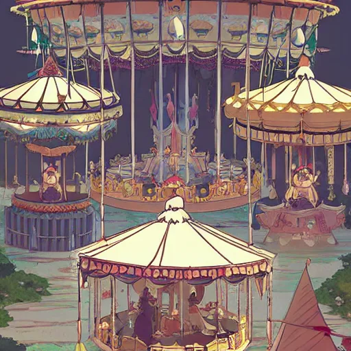 Image similar to a fantasy carousel in the style of studio ghibli, makoto shinkai