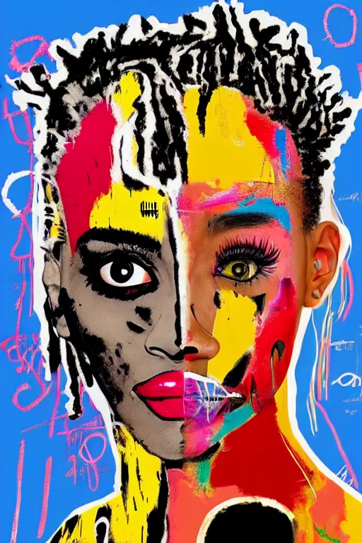 Image similar to cyborg doja cat in the style of jean michel basquiat