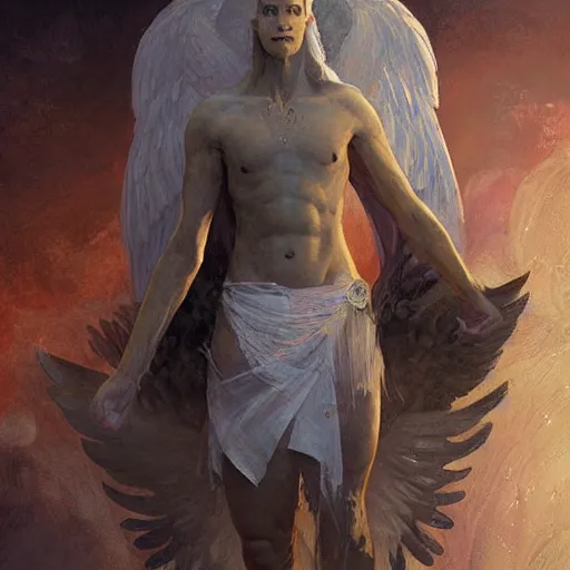 Prompt: angelic humanoid monster with wings on its back and an upside-down marble face holding a golden spear, digital art, by Fernanda Suarez and and Edgar Maxence and greg rutkowski