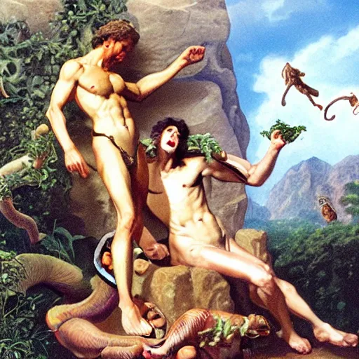 Prompt: Close-up of God being angry in the Garden of Eden. Adam and Eve look very guilty and the snake is leaving the scene quietly - elegant, highly detailed, centered, Joseph Christian Leyendecker, Boris Vallejo, Artgerm