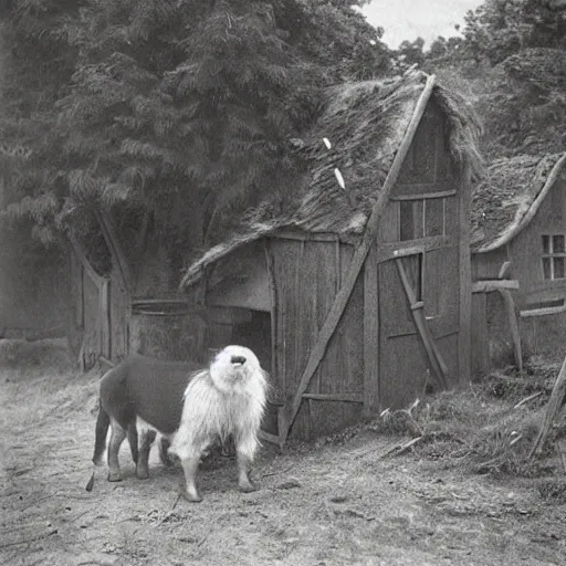 Image similar to isolated village of anthropomorphic animals, 1900s photograph