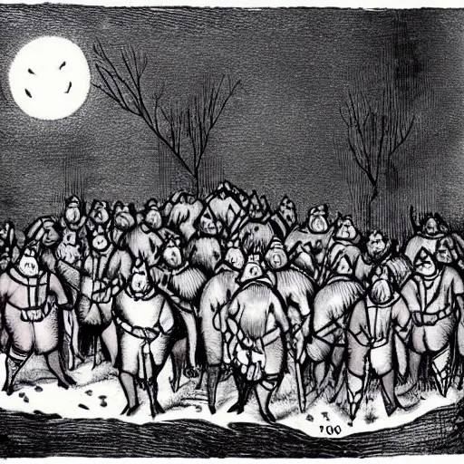 Prompt: the murder of 1 0 0 pigs by viking men dressed in wolves clothing. in wintertime. in the moonlight.