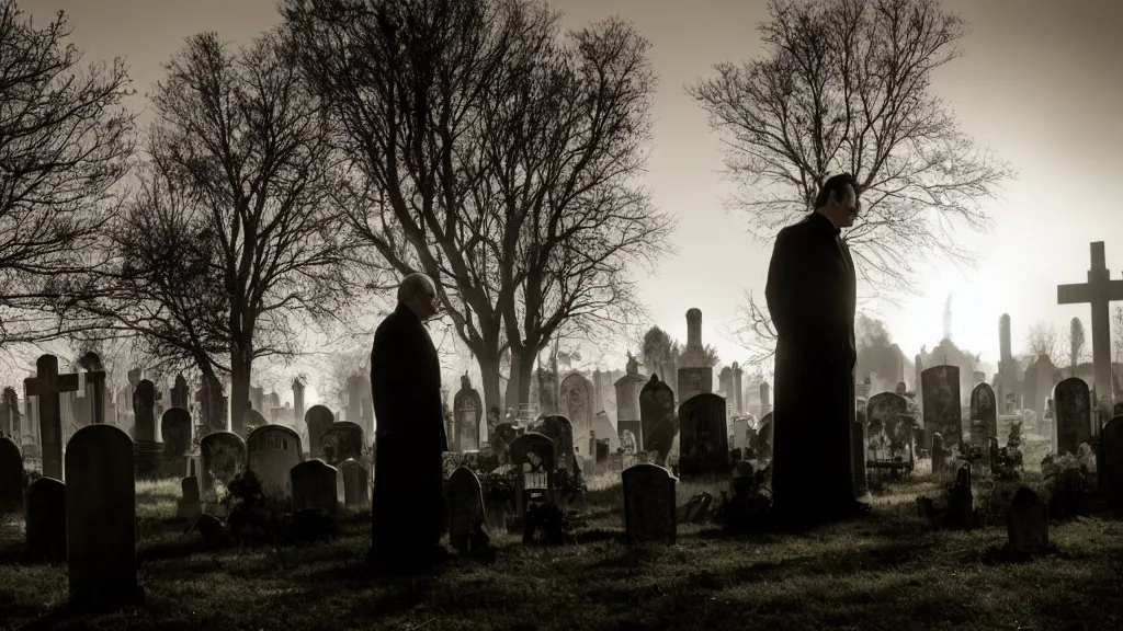 Prompt: an undertaker standing in a graveyard. backlight photo.