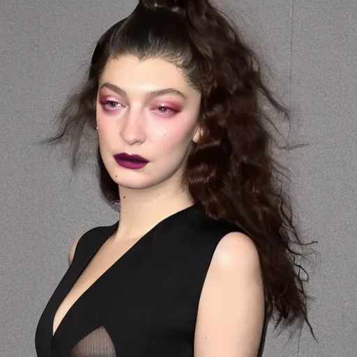 Image similar to lorde and bella hadid hybrid, wearing bodysuit