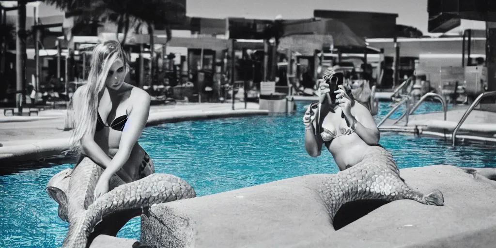 Image similar to a beautiful mermaid in a las vegas pool looking at her phone really annoyed, 50mm film shot, candid, street photography