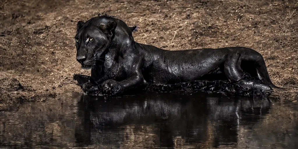 Prompt: a black lioness, made of black goo, bathing inside the lake of black goo, full of goo, covered with black goo. dslr, photography, realism, animal photography, color, savanna, wildlife photography, black goo