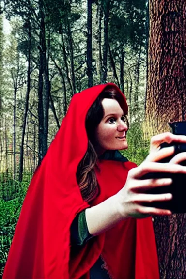 Image similar to “ very photorealistic photo of the real little red riding hood and the wolf taking a selfie, award - winning details ”