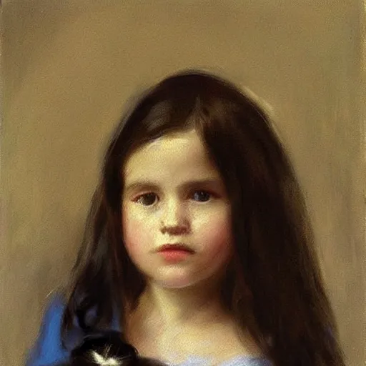 Prompt: “ dark haired girl holding a kitten, very detailed, oil painting, portrait, dark background, by john singer sargent ”