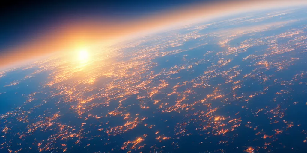 Prompt: a view of a sunset from low earth orbit, the black void of outer space is visible, photograph, space, cinematic, 4 k, detailed, satellite imagery, beautiful view