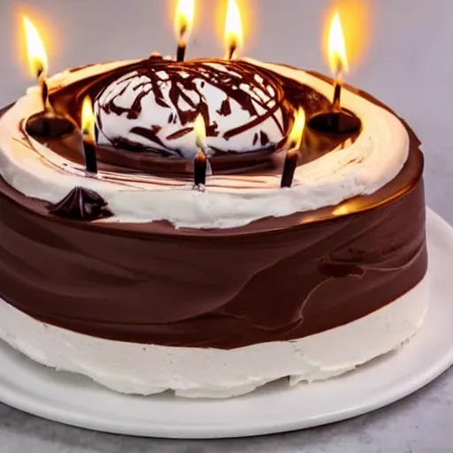 Image similar to tasty ice cream cake with chocolate topping and two candles on top, realistic photography, 4 k