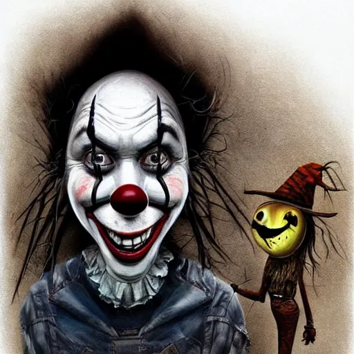 Prompt: surrealism grunge cartoon portrait sketch of a scarecrow with a wide smile - michael karcz, loony toons style, pennywise style, horror theme, detailed, elegant, intricate